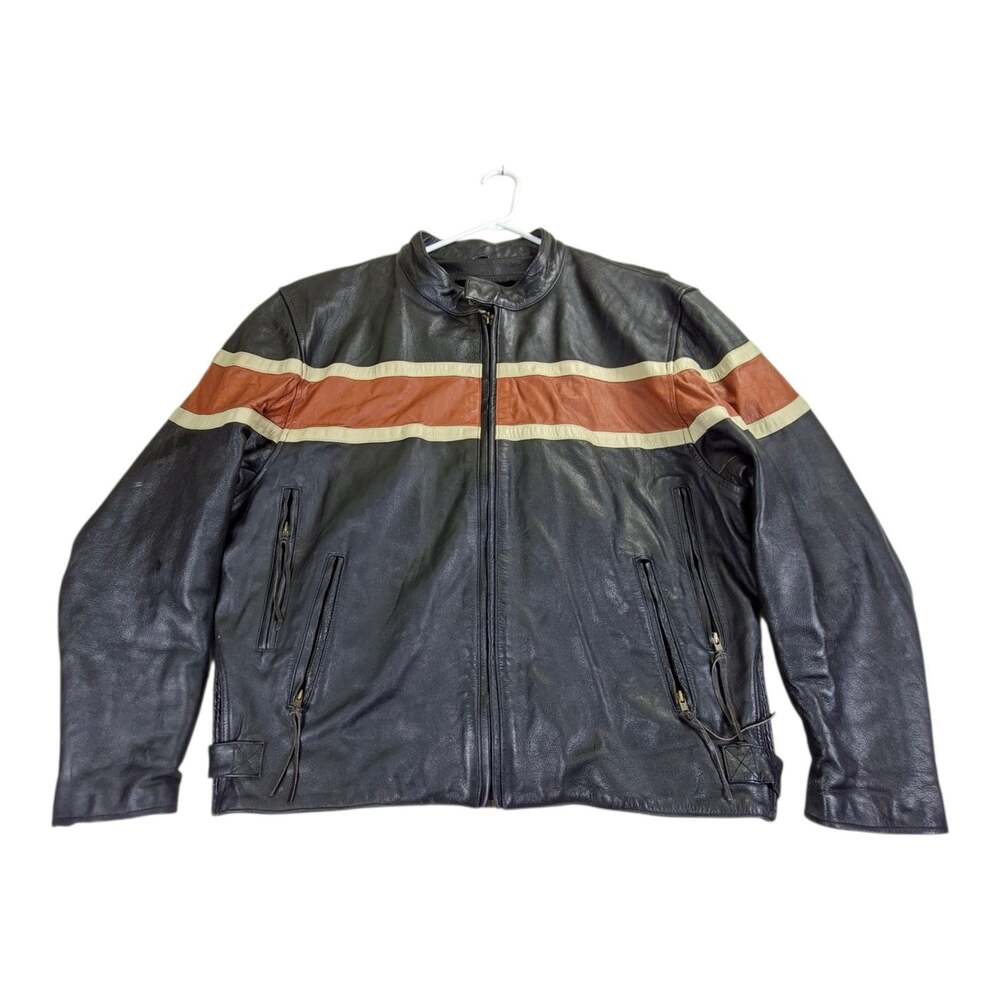 VTG Leather Motorcycle Jacket Mens Large Black Orange Striped Full Zip Racer